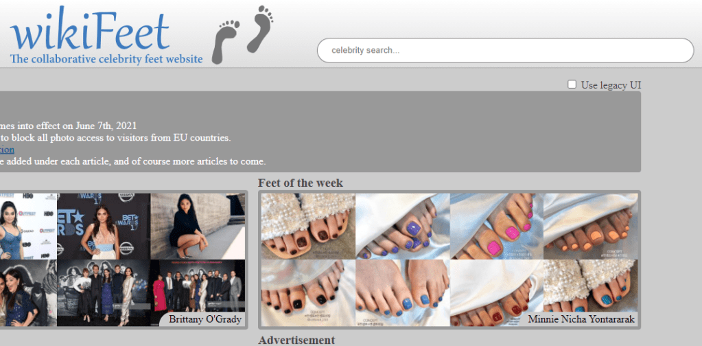 Screenshot der Startseite von Wikifeet