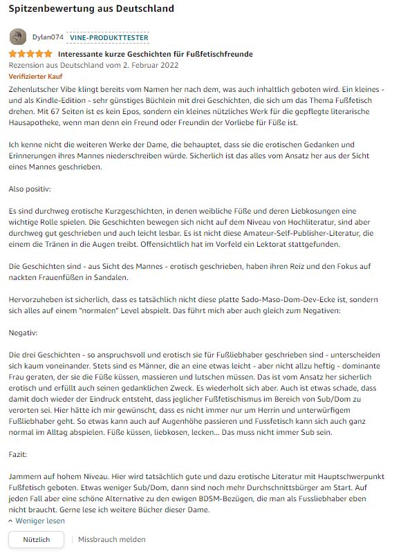 Hier wird eine sehr lange und ausführliche Rezension für "Zehenlutscher VIBE" gezeigt.