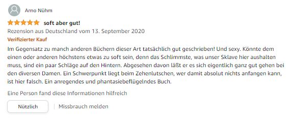 Dieses Bild zeigt die Rezension eines Lesers, der das Buch "Die Versteigerung" als "soft, aber gut" bezeichnet.