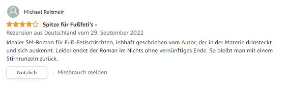 Unsere Grafik zeigt eine Rezension für das Buch "Hotel Succubus" von Lala Idrisse. Der Käufer nennt es "Spitze für Fußfetischisten"