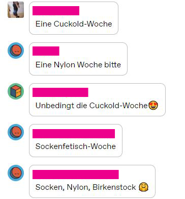 Das Bild zeigt Vorschläge, die unsere Follower auf tumblr eingereicht haben. Vertreten sind vor allem Socken, Nylons und das Thema "Cuckolding"