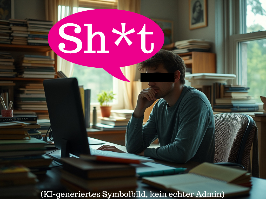 Ein Mann starrt enttäuscht auf einen Bildschirm. Eine große Sprechblase enthält ein deftiges, ironisch zensiertes Fluchwort: Sh*t